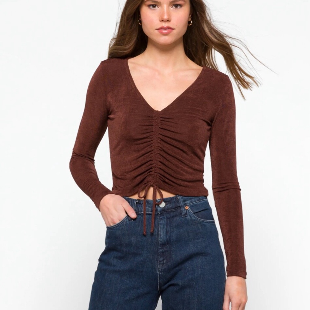 Nine Britton Azariah Ruche Detail Cropped Knit Top Brown size S stitch fix nwt
